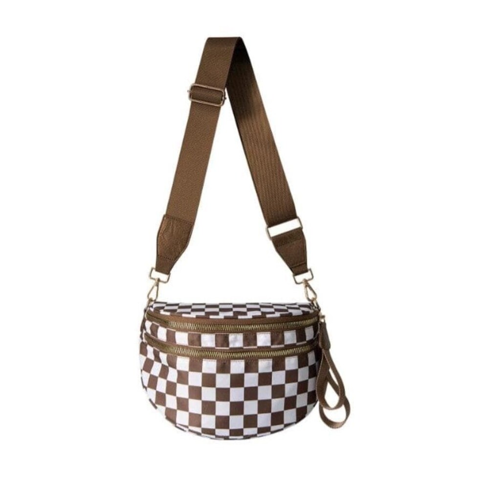 Brown Nylon Checker Crossbody Adjustable Sling Purse Lightweight Shoulder Bag
